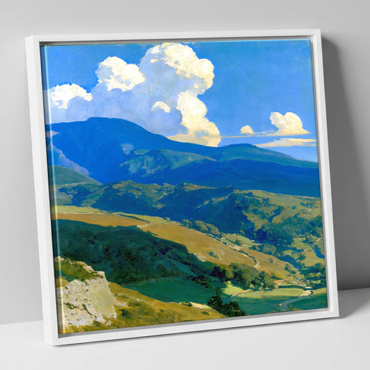 Blue Fells Under Towering Clouds lake district fell canvas wall art in white frame