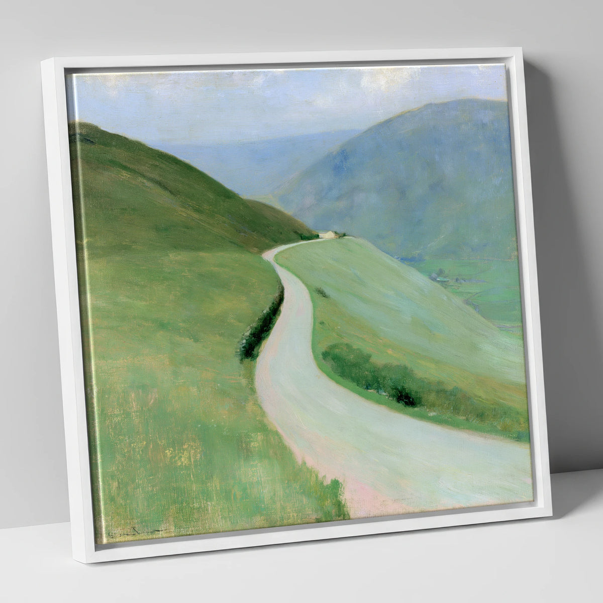 Winding Pass in Soft Greens lake district valley canvas wall art in white frame
