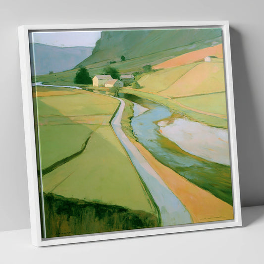 Winding River Valley in Sage lake district waterfall canvas wall art in white frame