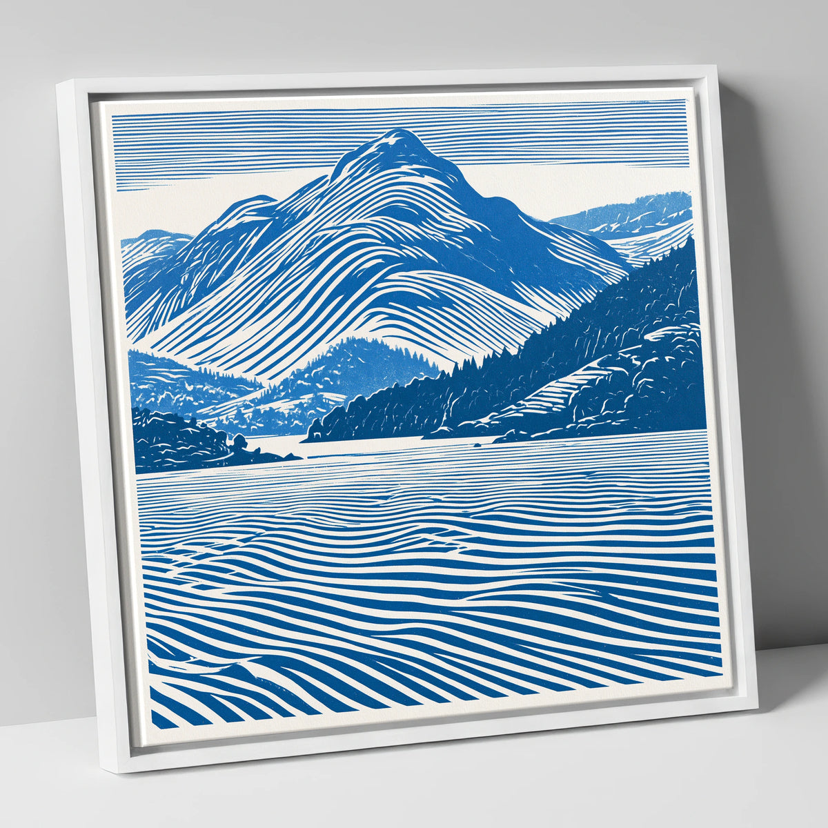 Catbells in Cobalt Blue lake district fell canvas wall art in white frame