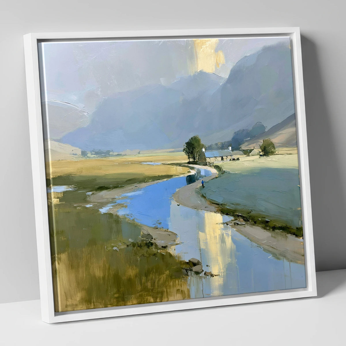 Golden Mist Over the Valley River lake district sky canvas wall art in white frame