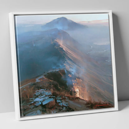Golden Light on Mountain Ridge lake district fell canvas wall art in white frame