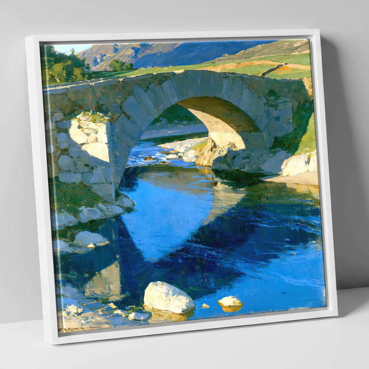 Stone Bridge over Blue Beck lake district waterfall canvas wall art in white frame