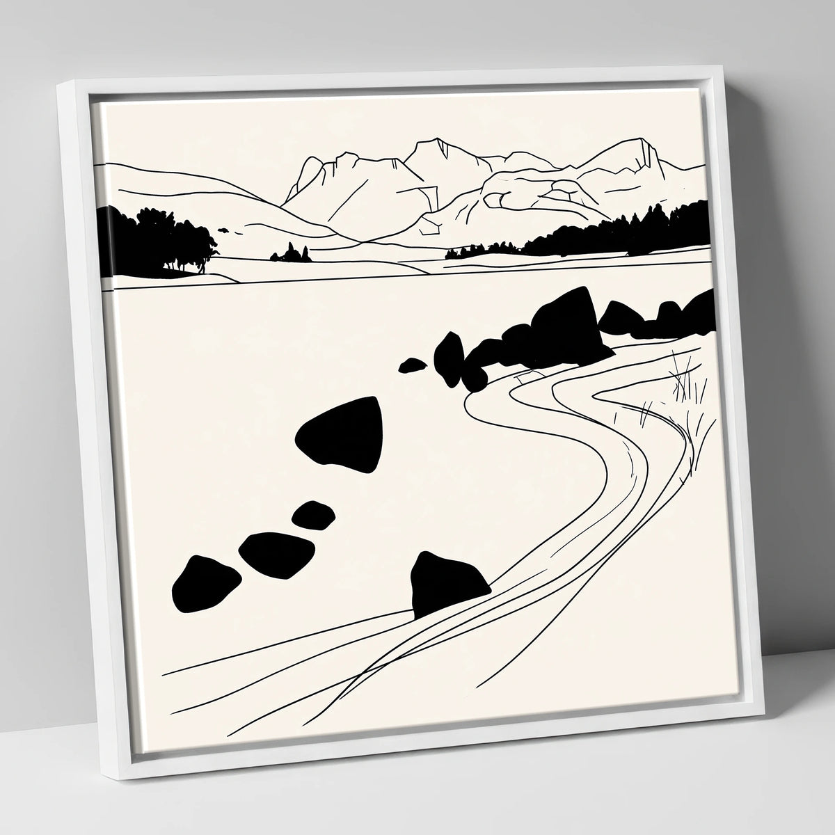 Minimalist Elterwater Scattered Rocks lake district lake canvas wall art in white frame