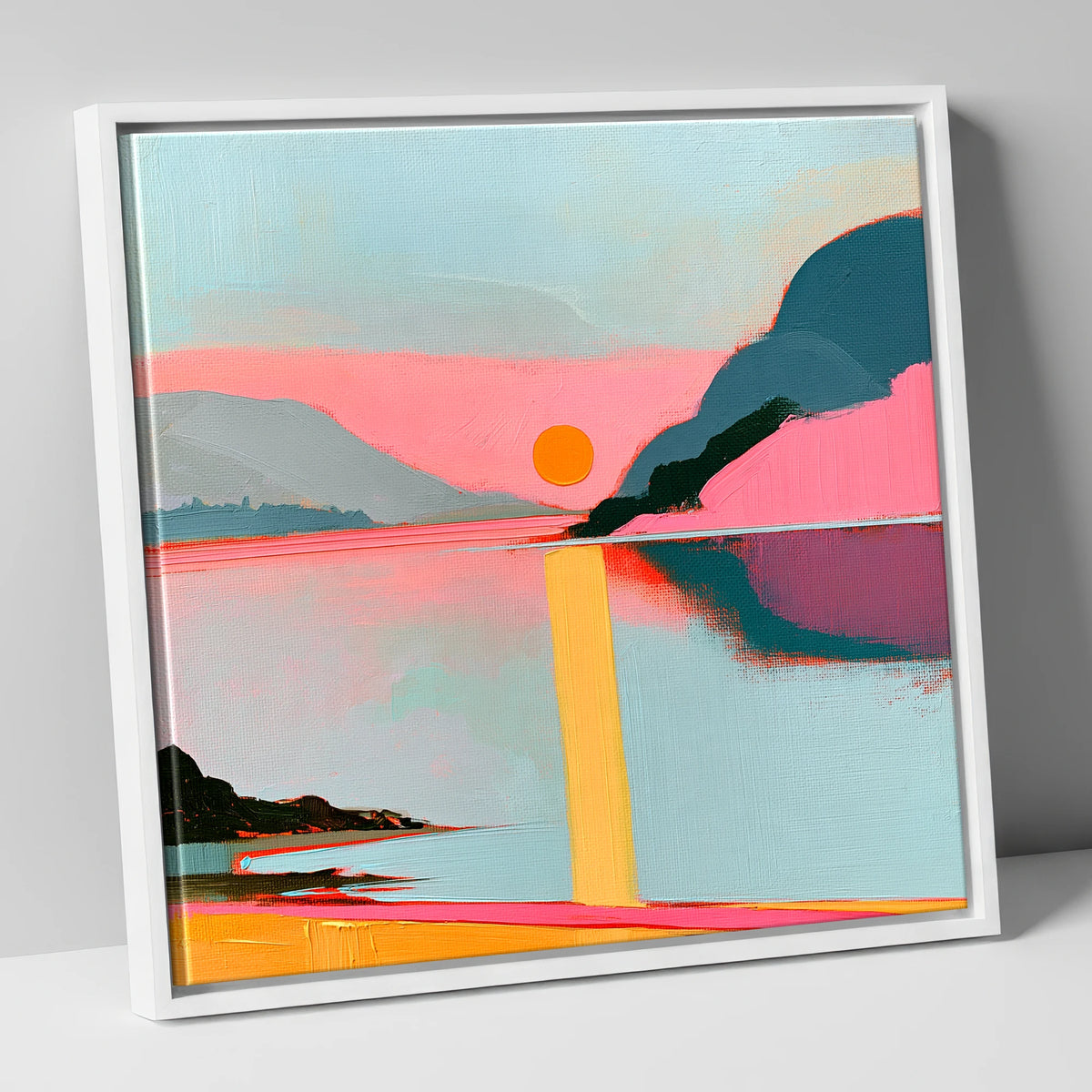 Bold Pink Sunset Over The Lake lake district lake canvas wall art in white frame