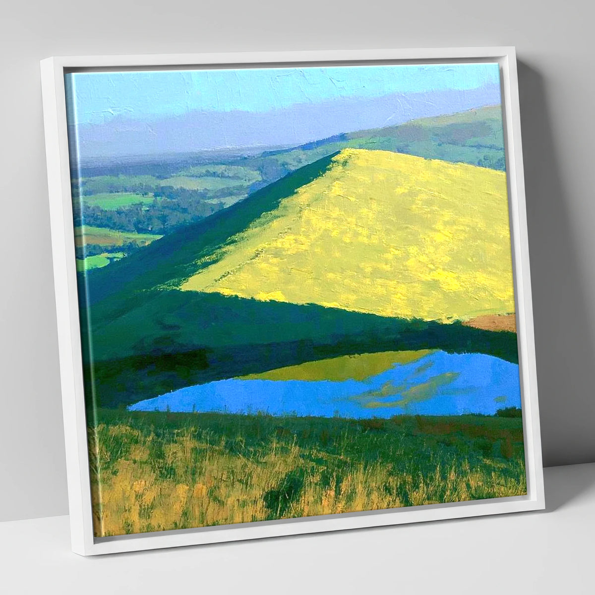 Bright Sunlight on Longlands Fell lake district fell canvas wall art in white frame