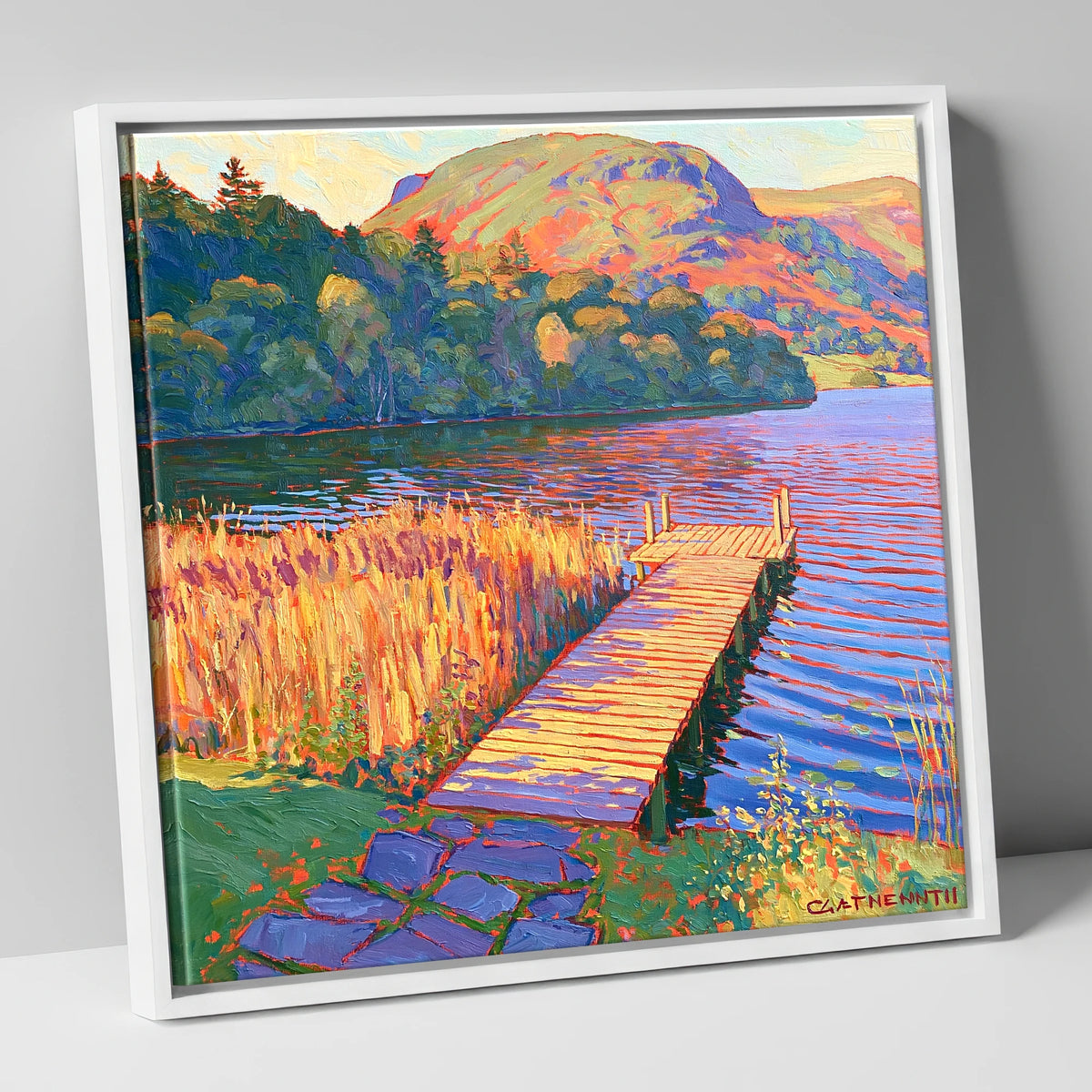 Vibrant Grasmere Pier at Sunset grasmere wall art canvas wall art in white frame