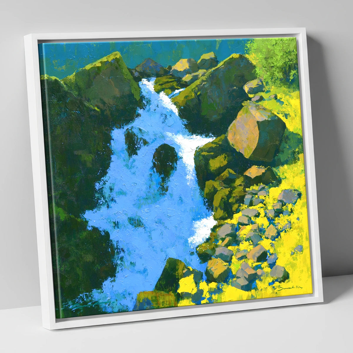 Vibrant Ghyll Waterfall and Sunlit Rocks lake district waterfall canvas wall art in white frame
