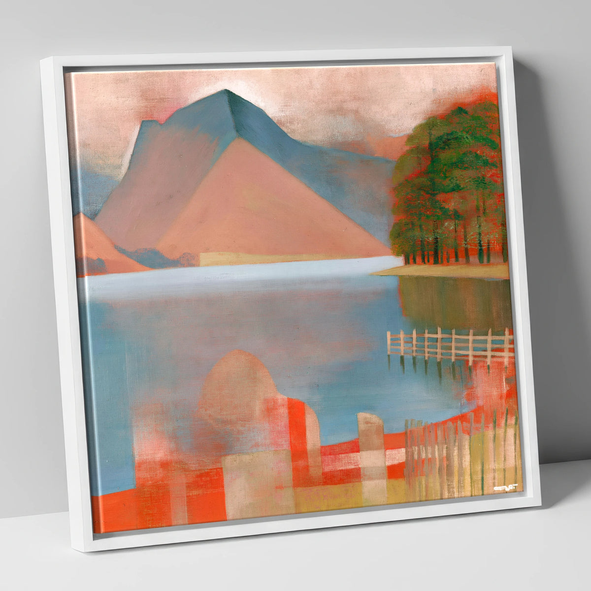 Buttermere in Warm Terracotta lake district lake canvas wall art in white frame
