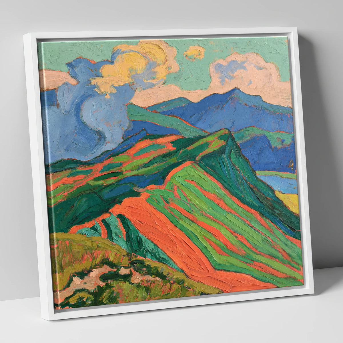 Vivid Misty Mountain Ridge lake district fell canvas wall art in white frame