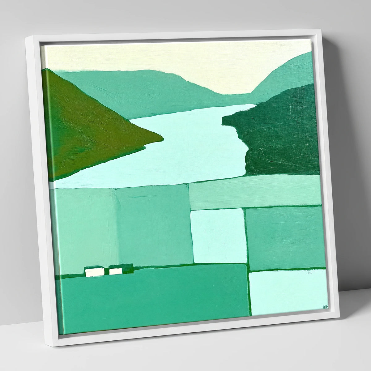 Abstract Loweswater In Mint Green lake district lake canvas wall art in white frame