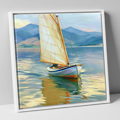 Sailing Boat on Golden Water lake district walking canvas wall art in white frame