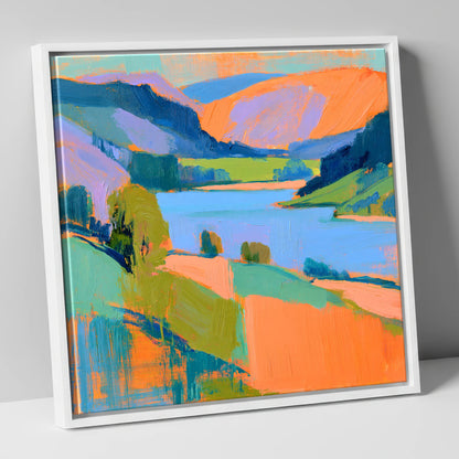 Vivid Orange Fells and Lake lake district lake canvas wall art in white frame