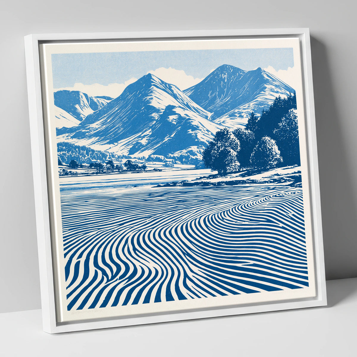 Ennerdale Water in Cobalt Blue lake district valley canvas wall art in white frame