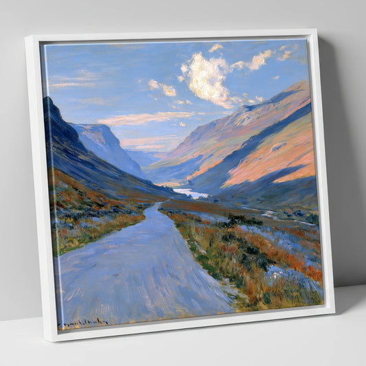 Winding Mountain Pass in Low Sunlight lake district valley canvas wall art in white frame