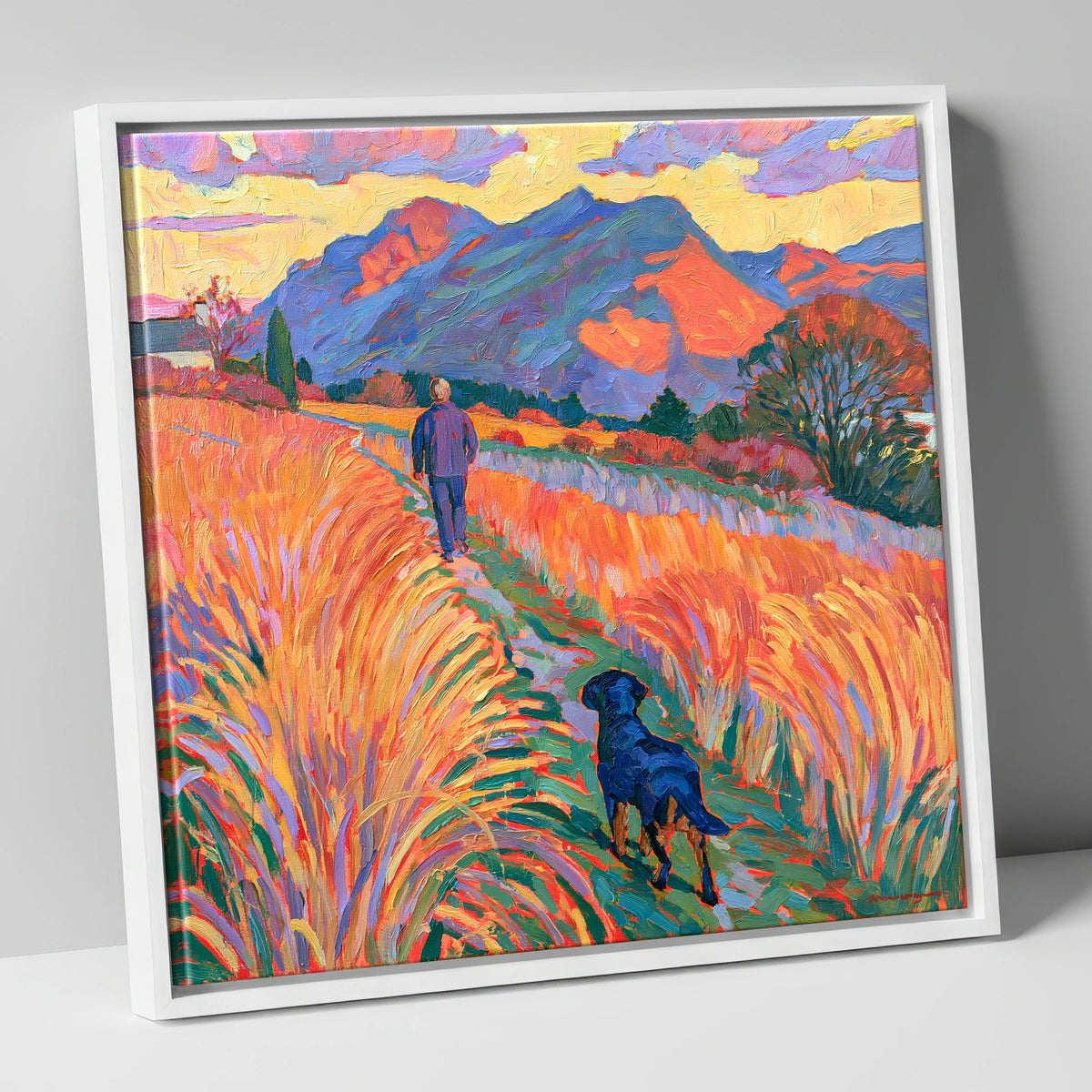 Vibrant Keswick Fells Dog Walk gifts for dog walkers canvas wall art in white frame