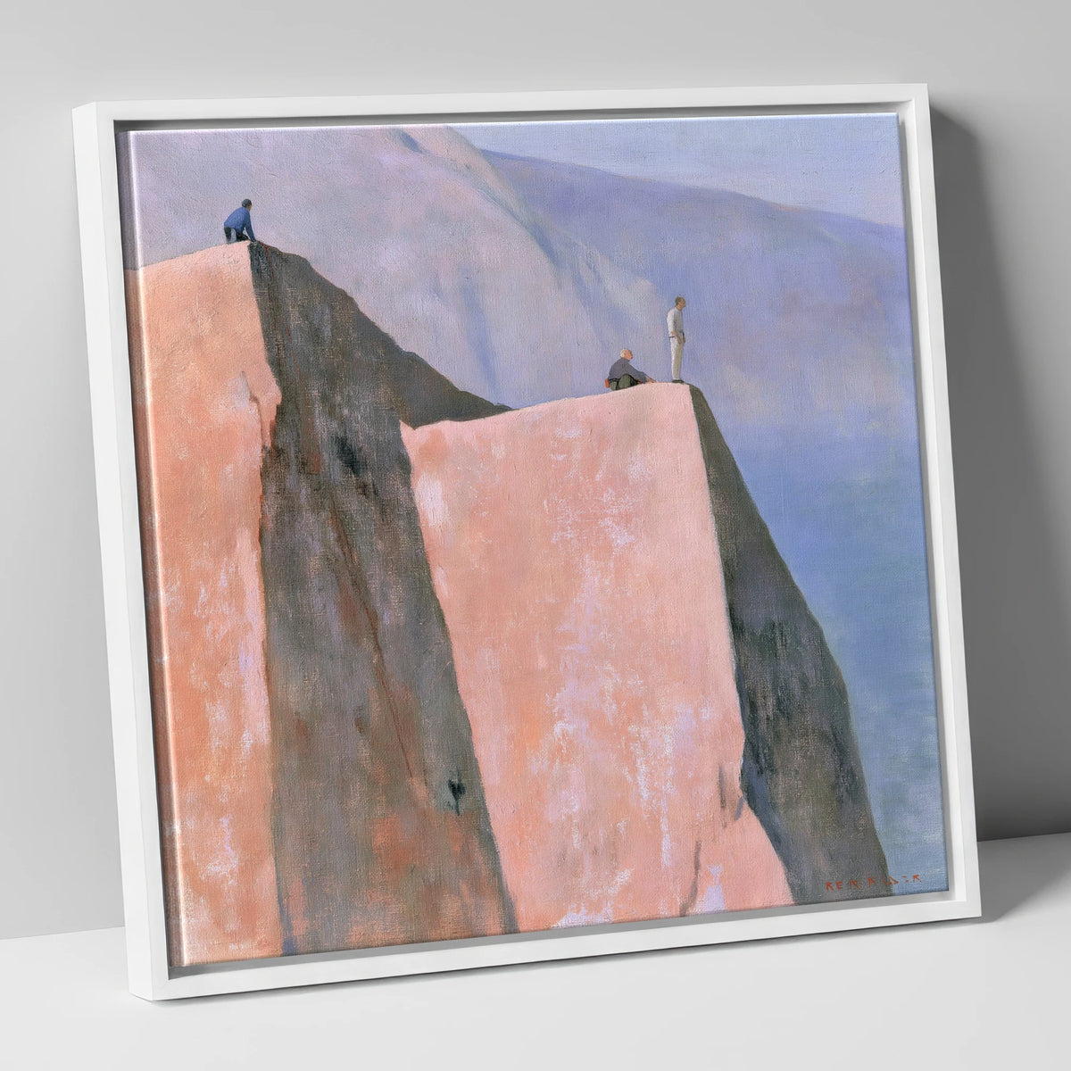 Climbers on a Pastel Crag lake district walking canvas wall art in white frame