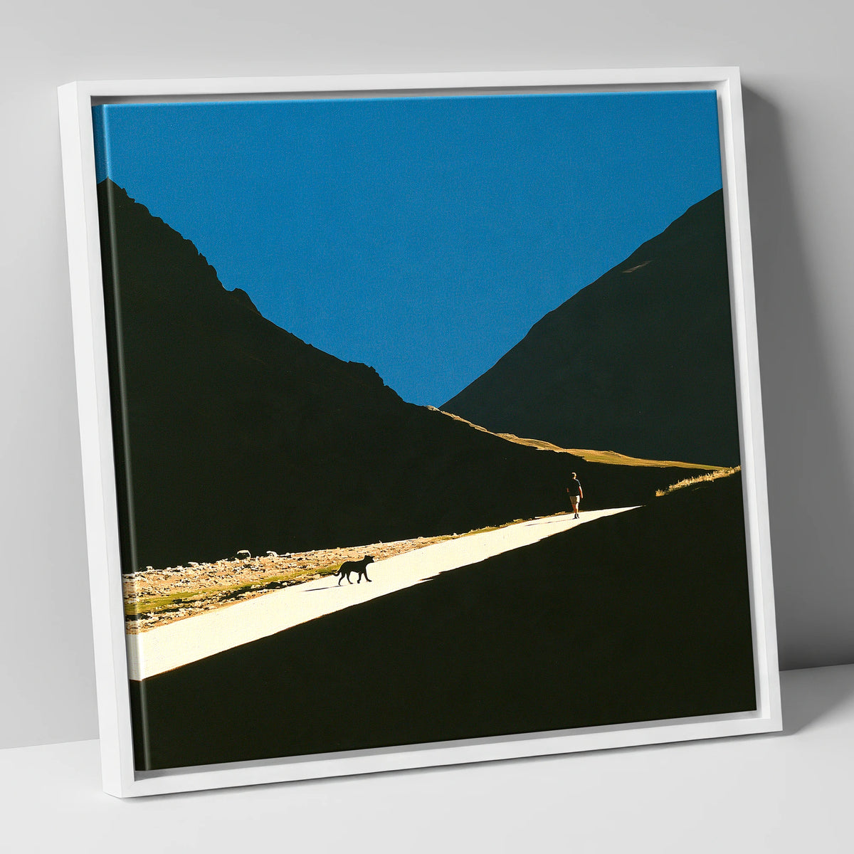 Silhouettes on Sunlit Wasdale Path gifts for dog walkers canvas wall art in white frame