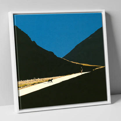 Silhouettes on Sunlit Wasdale Path gifts for dog walkers canvas wall art in white frame