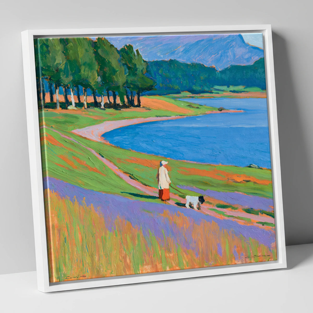 Vibrant Tarn Hows Dog Walk gifts for dog walkers canvas wall art in white frame