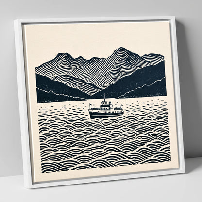 Windermere Cruiser Against Rhythmic Fells lake district lake canvas wall art in white frame