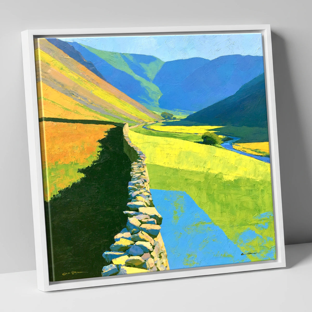 Drystone Wall Through Vibrant Valley lake district valley canvas wall art in white frame