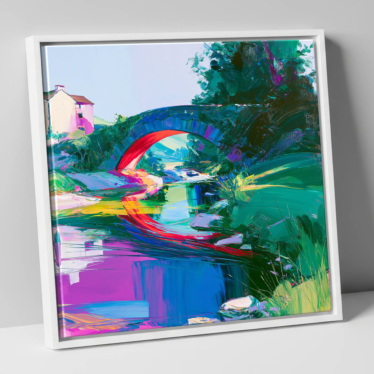 Vivid Stone Bridge Over Beck lake district waterfall canvas wall art in white frame
