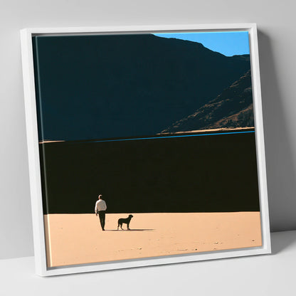 Dog Walker on Ennerdale Shore gifts for dog walkers canvas wall art in white frame