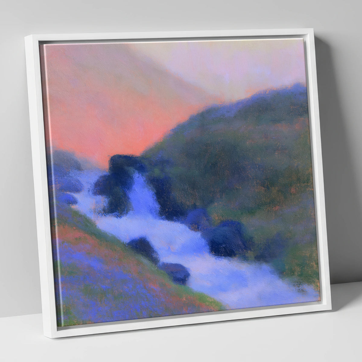 Fellside Beck in Peach Twilight lake district waterfall canvas wall art in white frame