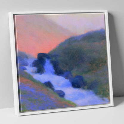 Fellside Beck in Peach Twilight lake district waterfall canvas wall art in white frame