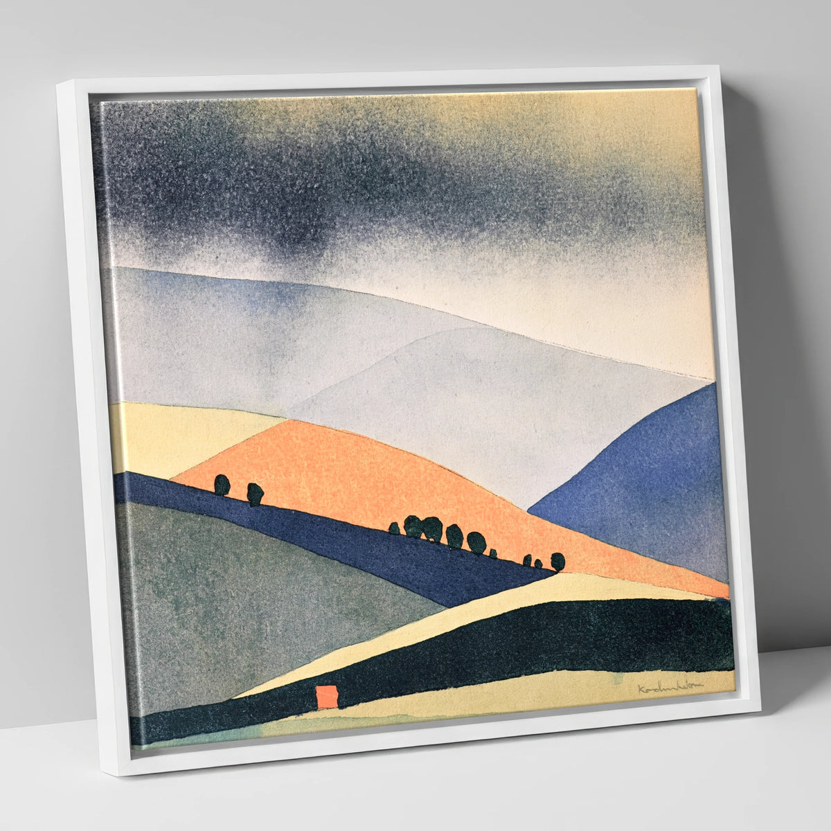 Rolling Fells in Terracotta and Indigo lake district fell canvas wall art in white frame