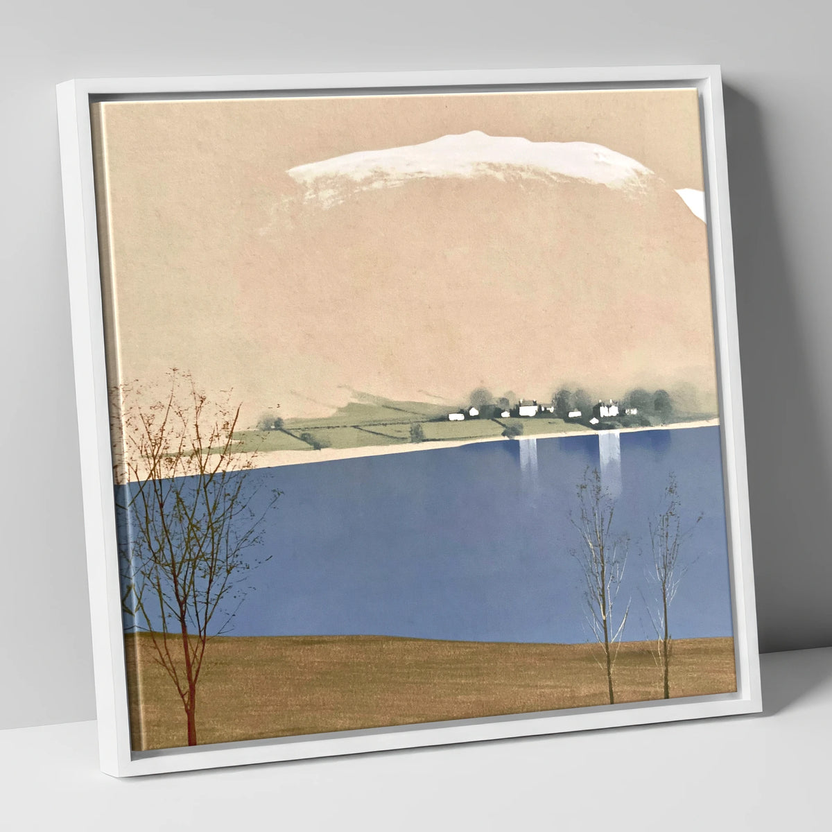 Winter Waters at Pooley Bridge lake district village canvas wall art in white frame
