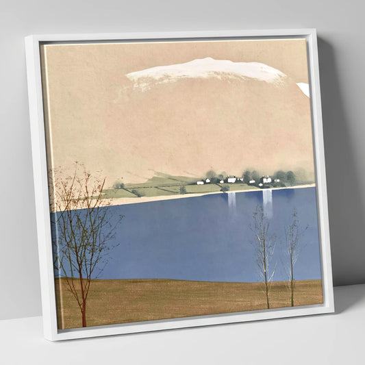 Winter Waters at Pooley Bridge lake district village canvas wall art in white frame