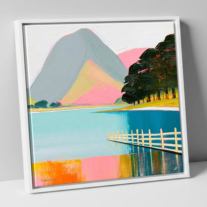 Vibrant Buttermere and White Fence lake district lake canvas wall art in white frame