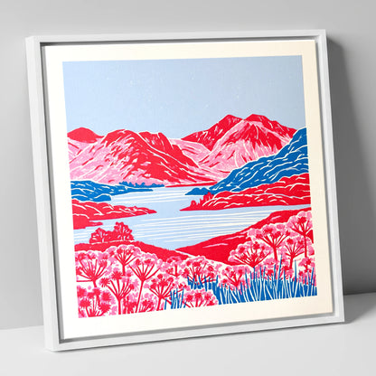 Vivid Red Fells and Lake lake district lake canvas wall art in white frame