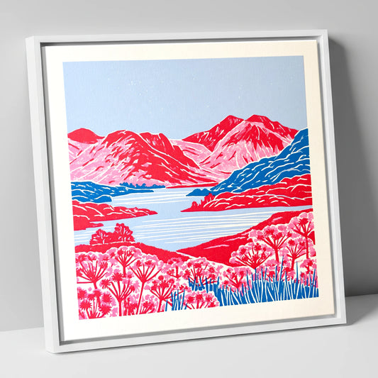 Vivid Red Fells and Lake lake district lake canvas wall art in white frame
