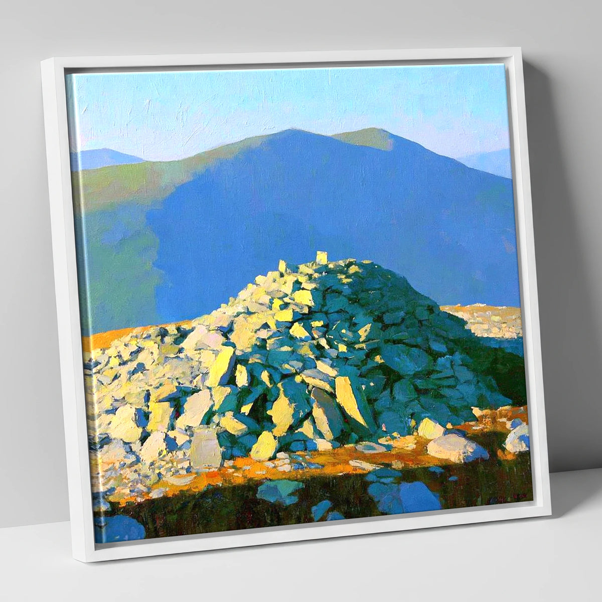 Sunlit Haycock Summit Cairn lake district fell canvas wall art in white frame