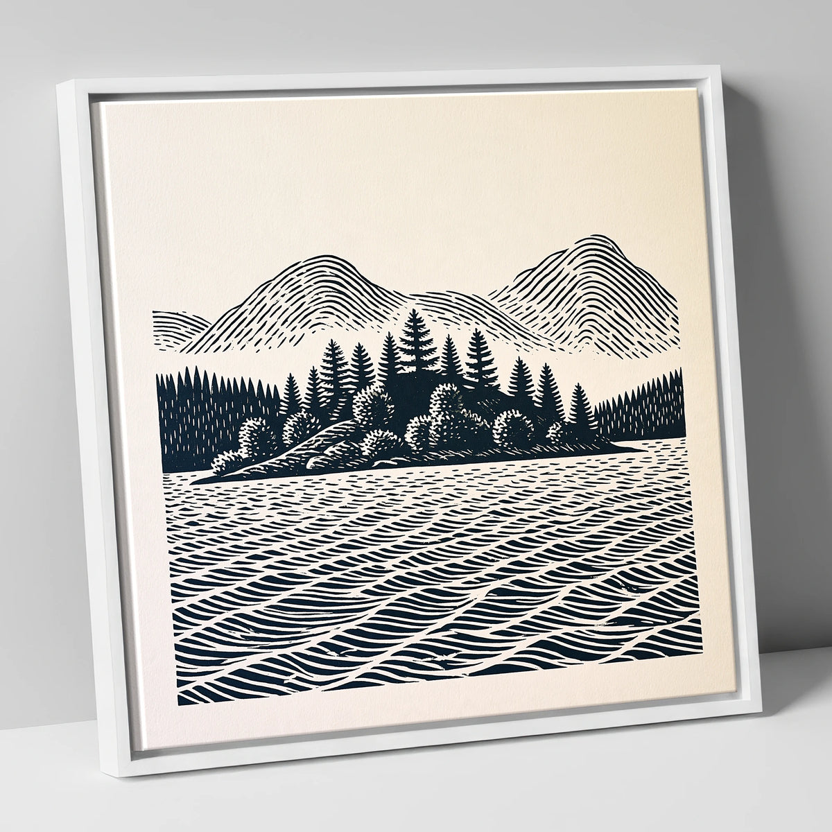 Graphic Derwentwater Island Landscape lake district lake canvas wall art in white frame