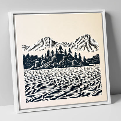 Graphic Derwentwater Island Landscape lake district lake canvas wall art in white frame