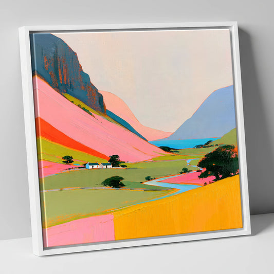 Colourful Valley Between the Fells lake district valley canvas wall art in white frame