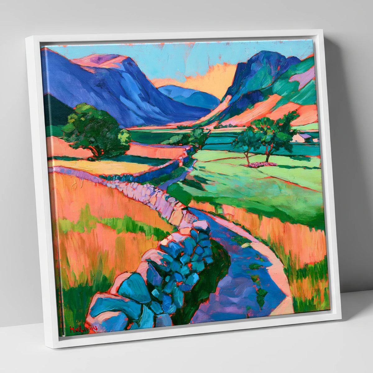 Drystone Wall through a Vibrant Valley lake district valley canvas wall art in white frame
