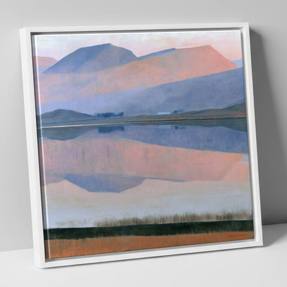 Pastel Fells and Lake Reflection lake district lake canvas wall art in white frame