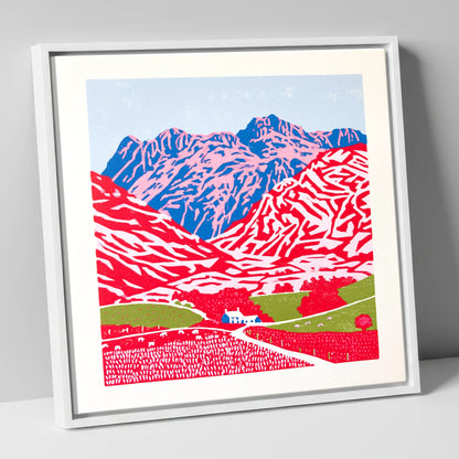 Vibrant Great Langdale Fells lake district valley canvas wall art in white frame