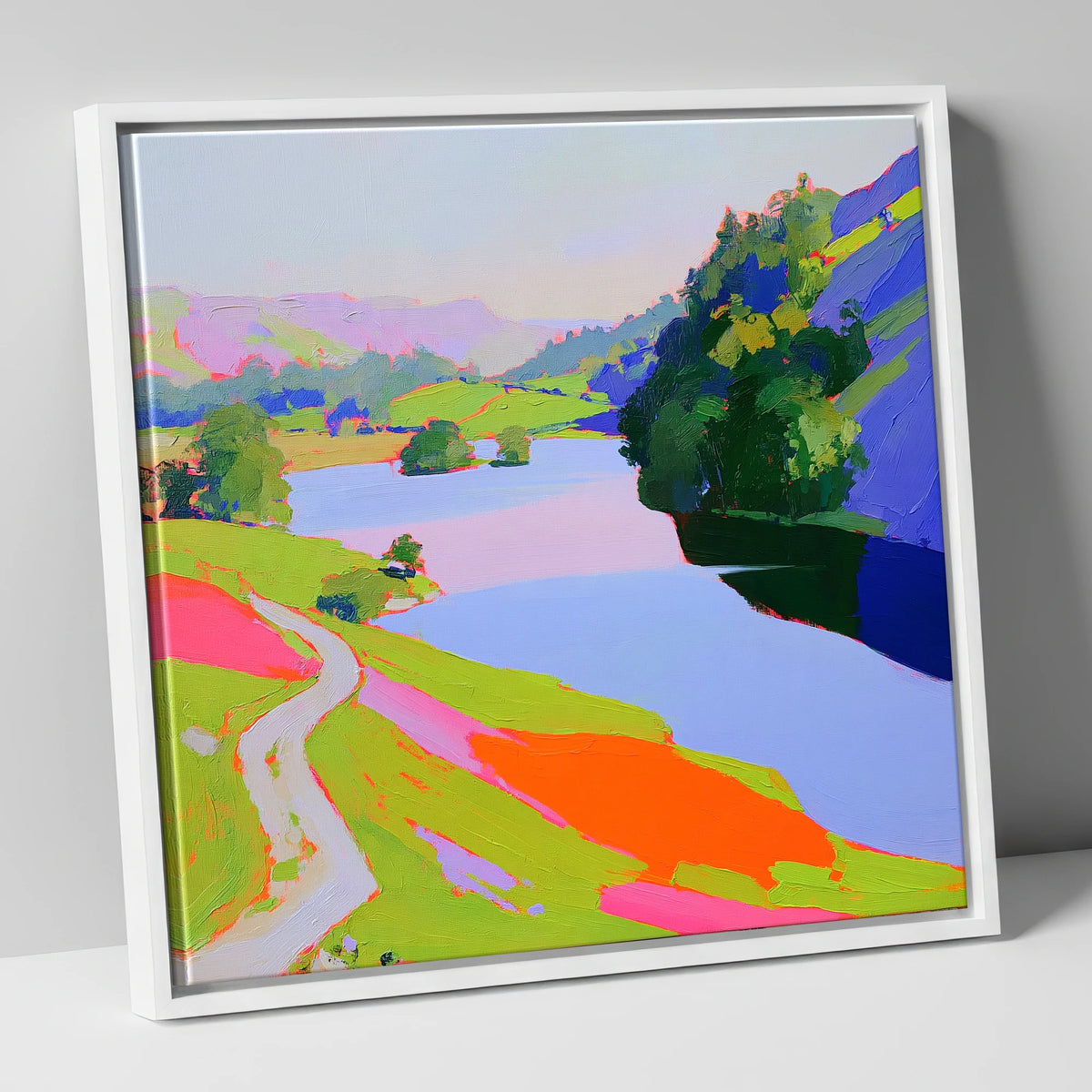 Vibrant Path by Rydal Water lake district lake canvas wall art in white frame