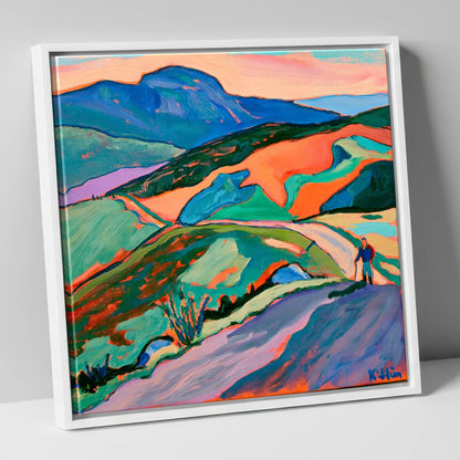 Lone Hiker on Colourful Fells lake district walking canvas wall art in white frame