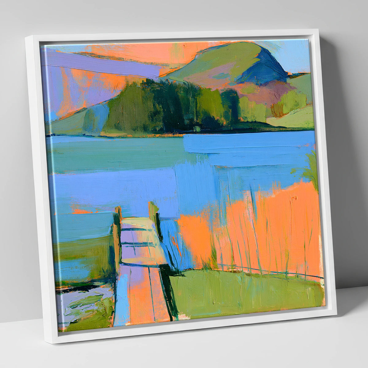 Vibrant Grasmere Wooden Jetty lake district lake canvas wall art in white frame