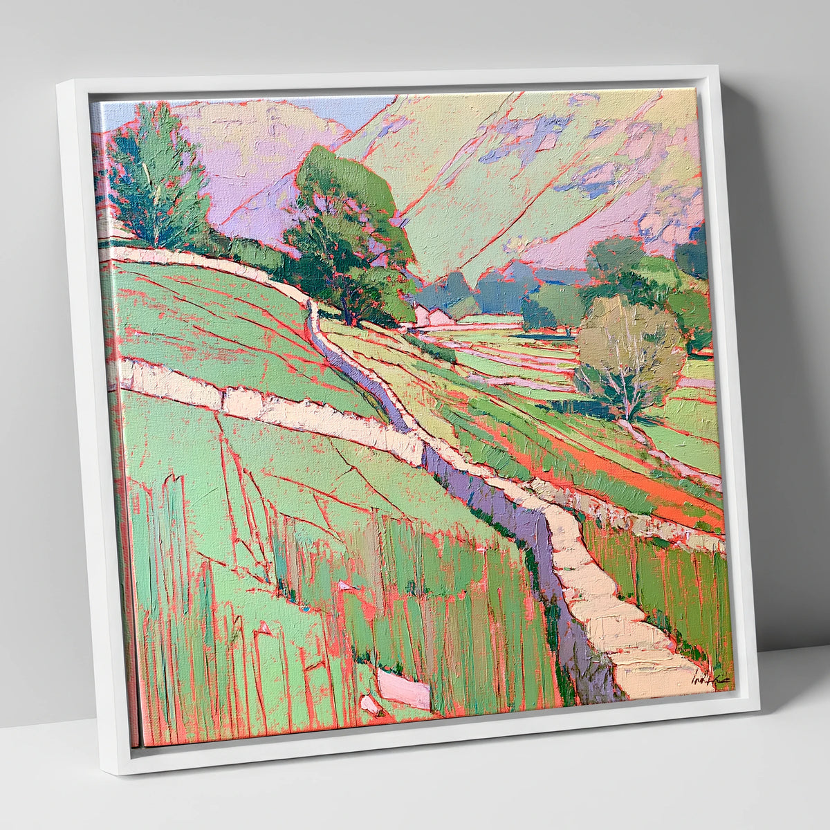 Vivid Drystone Wall Through Valley lake district valley canvas wall art in white frame
