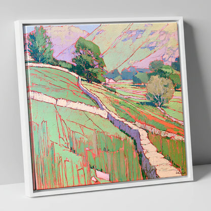 Vivid Drystone Wall Through Valley lake district valley canvas wall art in white frame