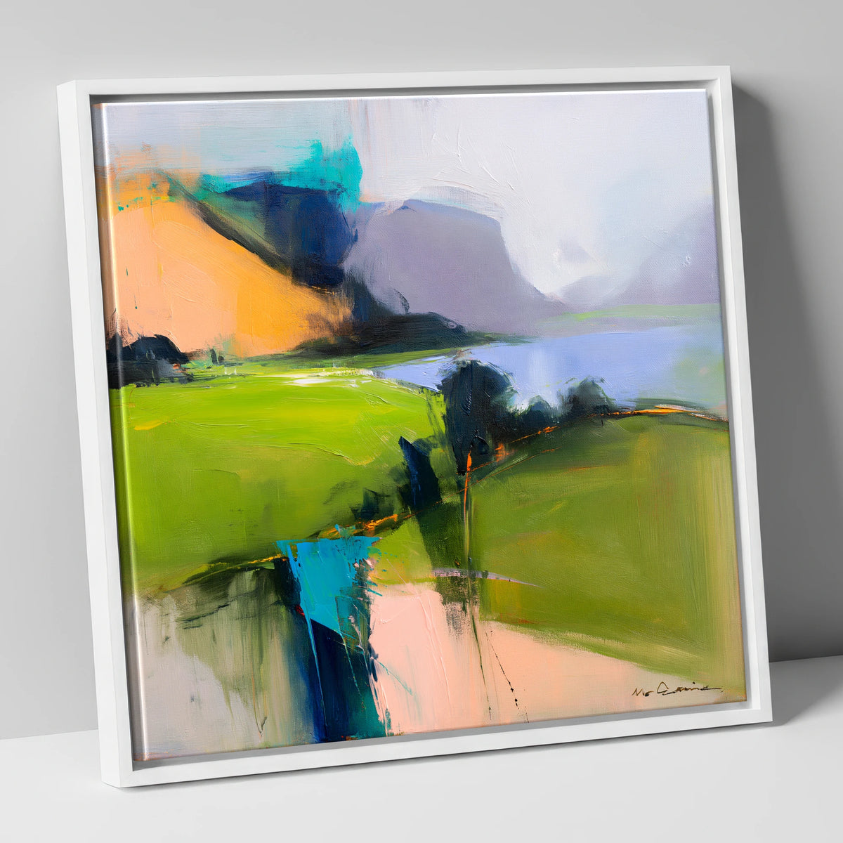 Vivid Green Valley Between Fells lake district valley canvas wall art in white frame