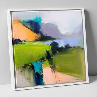 Vivid Green Valley Between Fells lake district valley canvas wall art in white frame